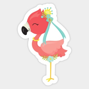 Princess Flamingo, Crown, Flowers, Cute Flamingo Sticker